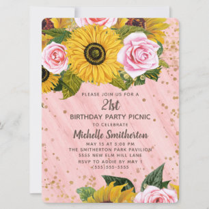 Invitation Fleurs roses Tournesols Paillettes dorées 21e Anni