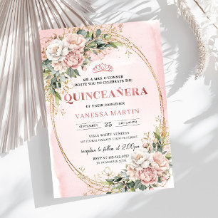 Invitation Fleurs roses verdure Fête d'anniversaire 15 ans  