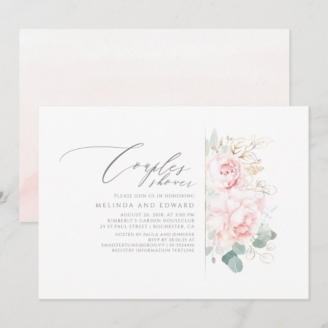 Invitation Fleurs roses Verdure or Couples Douche (Devant / Derrière)