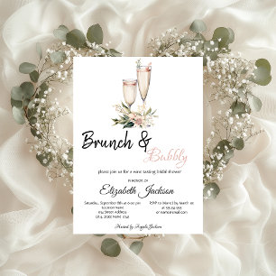 Invitation Fleurs roses Verre à Champagne Brunch et Bulles