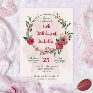 Invitation fleurs roses vert feuille anniversaire botanique