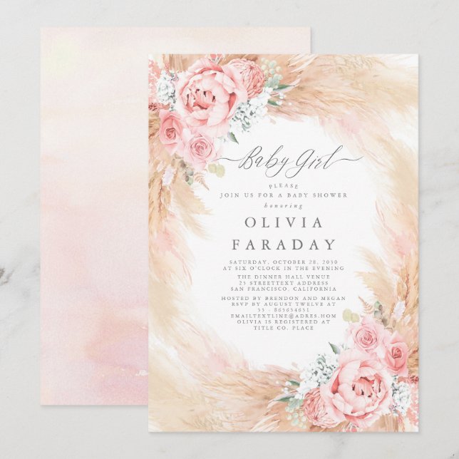 Invitation Fleurs Roses Vides Baby shower Pampas Grass (Devant / Derrière)