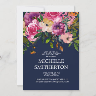 Invitation Fleurs roses violettes 80 ans Bleu marine