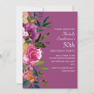 Invitation Fleurs roses violettes jaunes 50e anniversaire