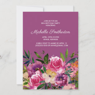 Invitation Fleurs roses violettes jaunes 80e anniversaire