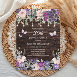 Invitation Fleurs roses violettes Papillons Rustique Bois 30è