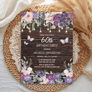 Invitation Fleurs Roses Violettes Papillons Rustique Bois 60è