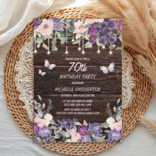 Invitation Fleurs Roses Violettes Papillons Rustique Bois 70è