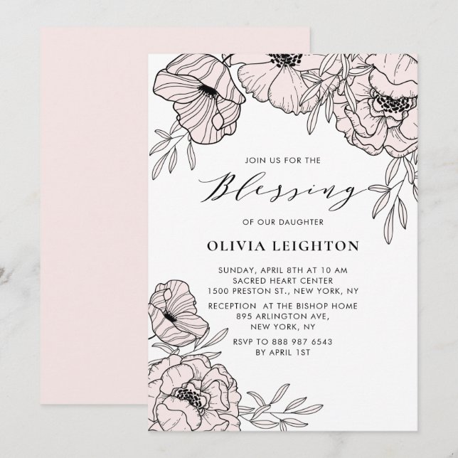 Invitation Fleurs roses vives modernes Bénédiction bébé (Devant / Derrière)