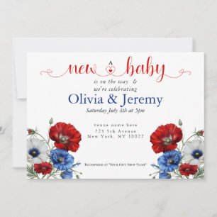 Invitation Fleurs Rouge Blanc et Bleu pour Baby Shower