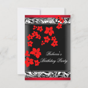 Invitation Fleurs rouges asiatiques élégantes blanc noir