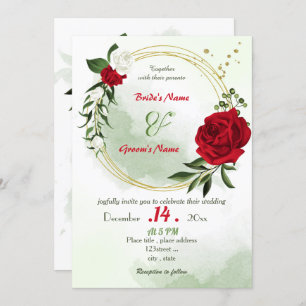 Invitation fleurs rouges blanches verdure or couronne mariage