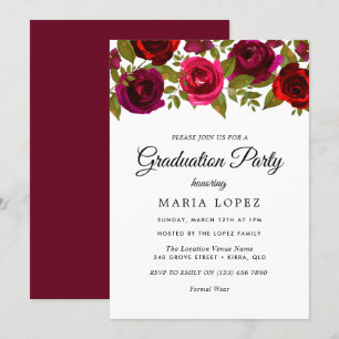 Invitation Fleurs Rouges Bourguignonnes Élégante fête de grad