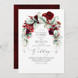 Invitation Fleurs rouges bourguignonnes et verdure Mariage él