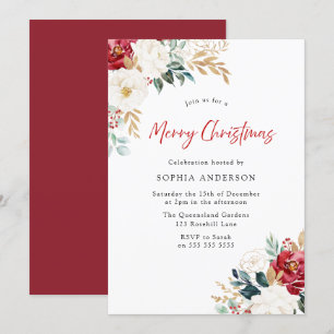 Invitation Fleurs rouges bourguignonnes Joyeux Noël