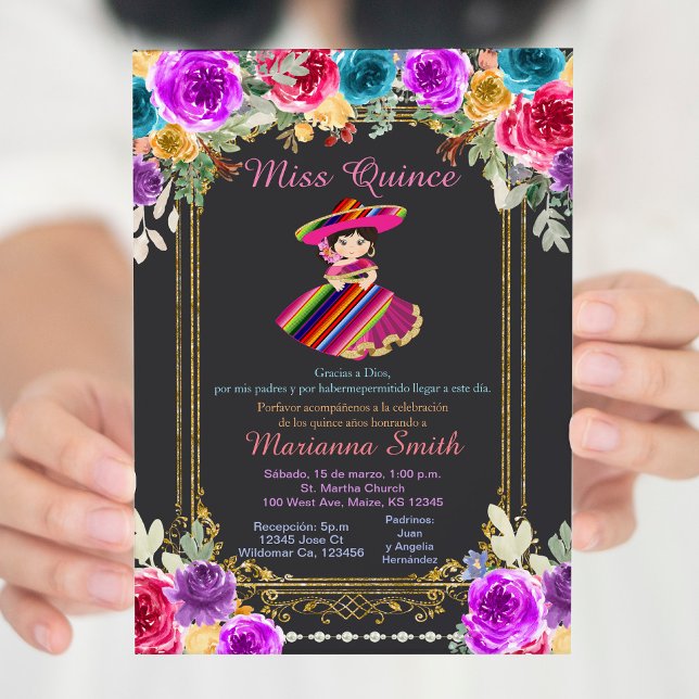 Invitation Fleurs Rouges Charro Doré Quinceañera (Créateur téléchargé)