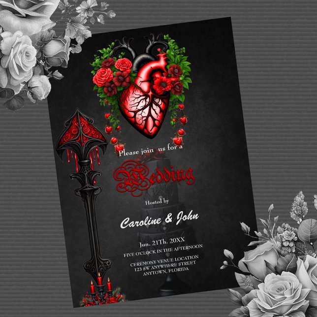 Invitation Fleurs rouges du coeur gothique. (Heart)