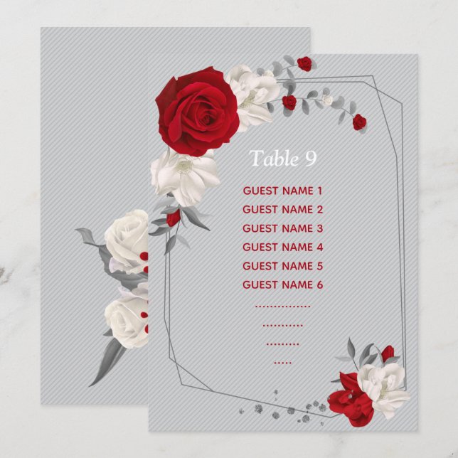 Invitation fleurs rouges et blanches assise tableau numéro du (Devant / Derrière)