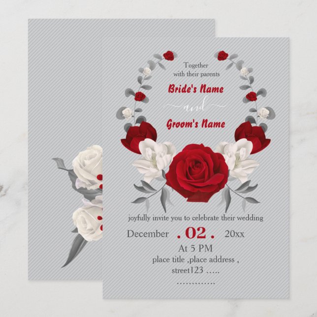 Invitation fleurs rouges et blanches mariage de couronne bota (Devant / Derrière)