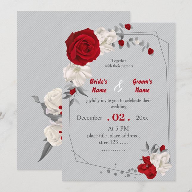 Invitation fleurs rouges et blanches mariage géométrique (Devant / Derrière)