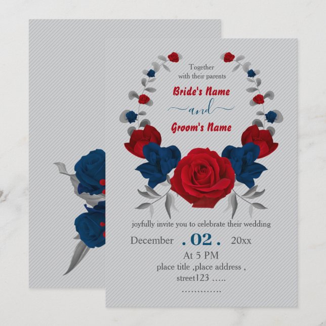 Invitation fleurs rouges et marines mariage de couronne botan (Devant / Derrière)