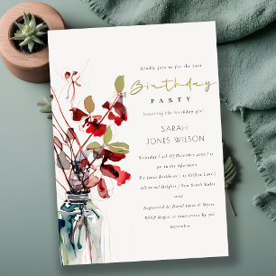Invitation Fleurs rouges et vertes encrées vintage bohème pou