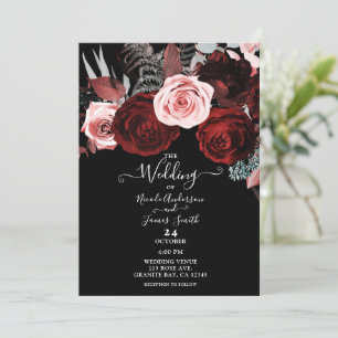 Invitation Fleurs rouges foncées et roses Mariage de verdure 