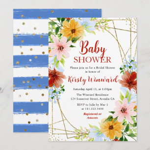 Invitation Fleurs rouges jaunes bleues Baby Shower Cadre doré
