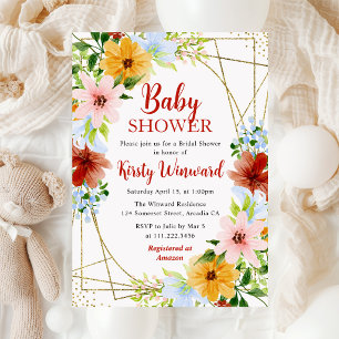 Invitation Fleurs rouges jaunes bleues Cadre Baby Shower