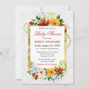 Invitation Fleurs rouges, jaunes et bleues Baby shower or