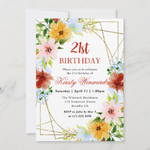 Invitation Fleurs rouges, jaunes et bleues Cadre 21e annivers