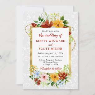 Invitation Fleurs rouges, jaunes et bleues Mariage or