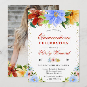 Invitation Fleurs rouges, jaunes et bleues Photo de Quinceane