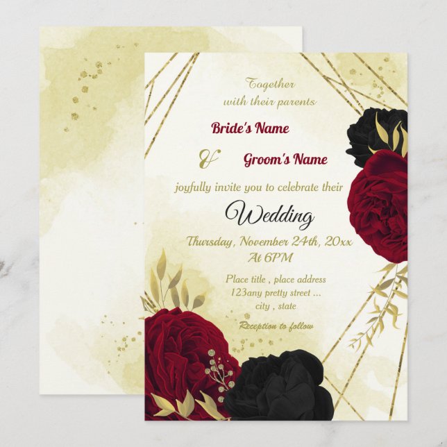 Invitation fleurs rouges noires or feuille mariage (Devant / Derrière)