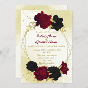 Invitation fleurs rouges noires or feuille mariage géométriqu