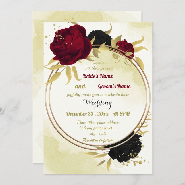 Invitation fleurs rouges noires or feuille mariage géométriqu (Devant / Derrière)