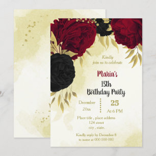 Invitation fleurs rouges noires or feuilles anniversaire