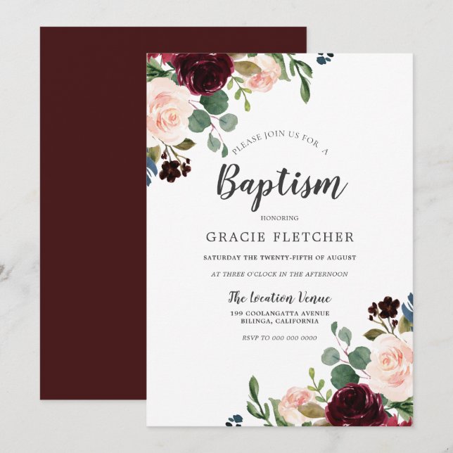 Invitation Fleurs rouges roses et bordeaux Baptême Christenin (Devant / Derrière)