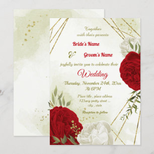 Invitation fleurs rouges vert feuille mariage