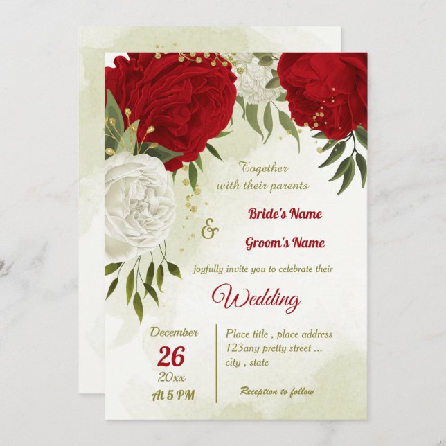 Invitation fleurs rouges vert feuille mariage (Devant / Derrière)