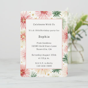Invitation Fleurs Rouges Vertes Paillettes Dorées Anniversair