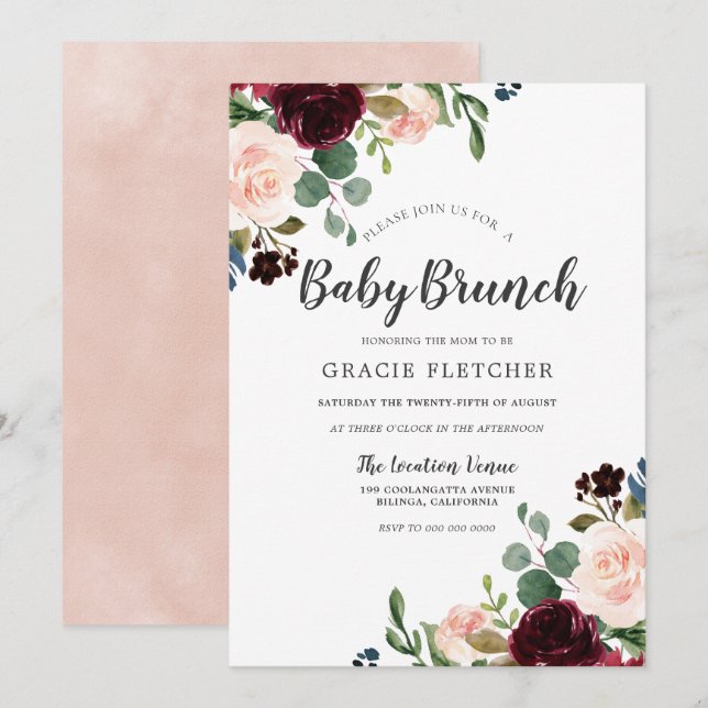Invitation Fleurs rousses et bordeaux Baby shower Brunch (Devant / Derrière)