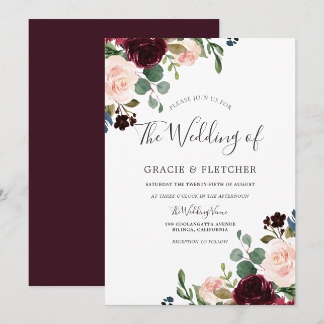Invitation Fleurs rousses et bordeaux Mariage de automne élég (Devant / Derrière)