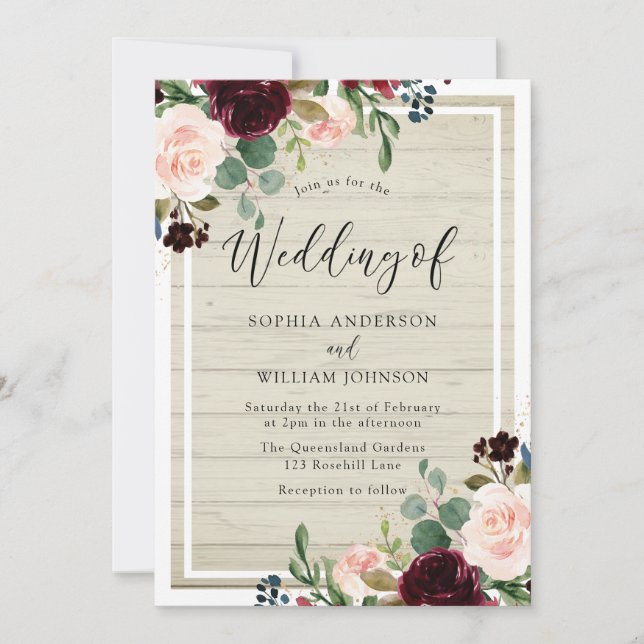Invitation Fleurs rousses et bordeaux Mariage en bois blanc r (Devant)