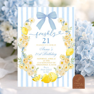 Invitation Fleurs Ruban Bleu Citron Fraîchement 21 Anniversai