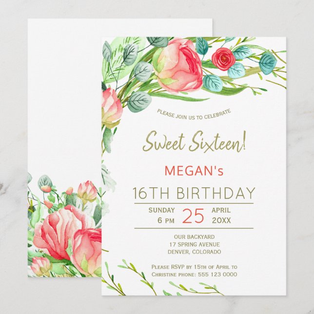 Invitation Fleurs rustiques aquarelle sweet sixteen moderne (Devant / Derrière)