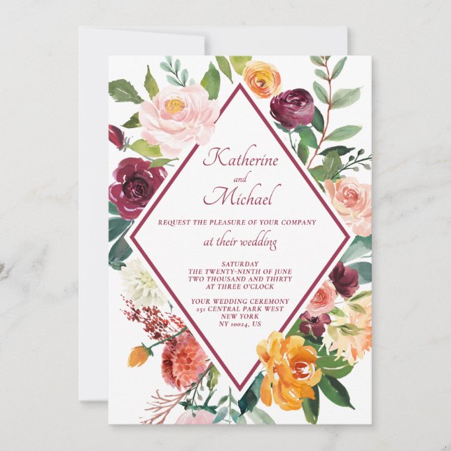 Invitation Fleurs Rustiques Automne Vin Rouge Mariage (Devant)