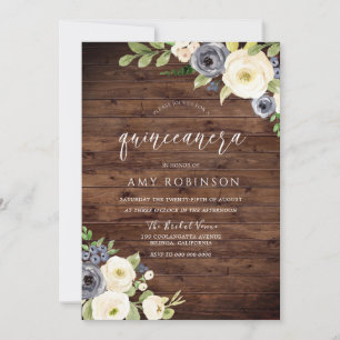 Invitation Fleurs rustiques blanches et marines Quinceanera P