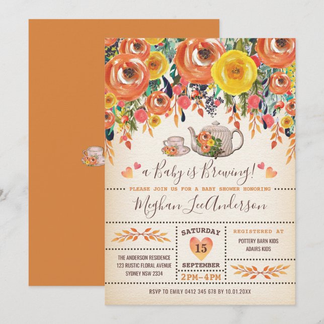 Invitation Fleurs rustiques d'automne d'automne de thé de (Devant / Derrière)