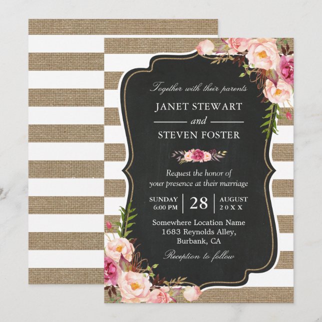 Invitation Fleurs rustiques de pays Burlap Stripes Mariage ch (Devant / Derrière)